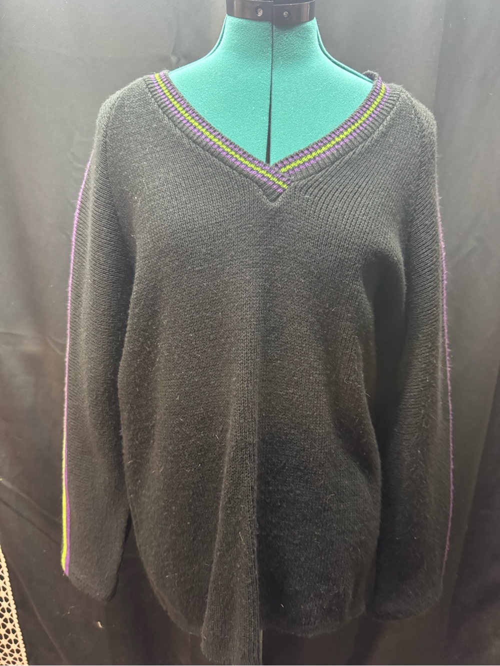 Black V-Neck Sweater with Purple and Green Trim